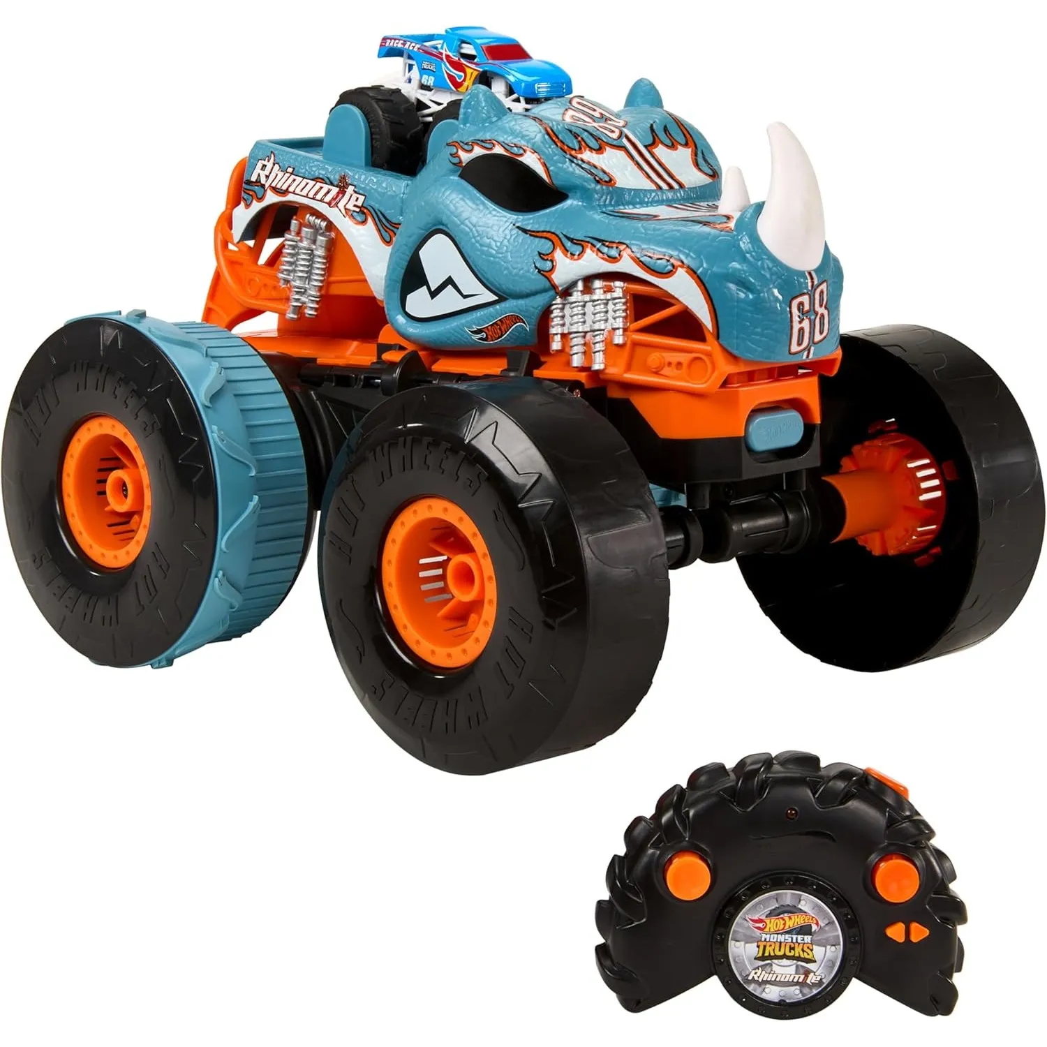 Hot Wheels Monster Trucks Ferngesteuertes Auto, umbaubarer Rhinomite im Maßstab 1:12 mit Race Ace Spielzeugtruck im Maß…