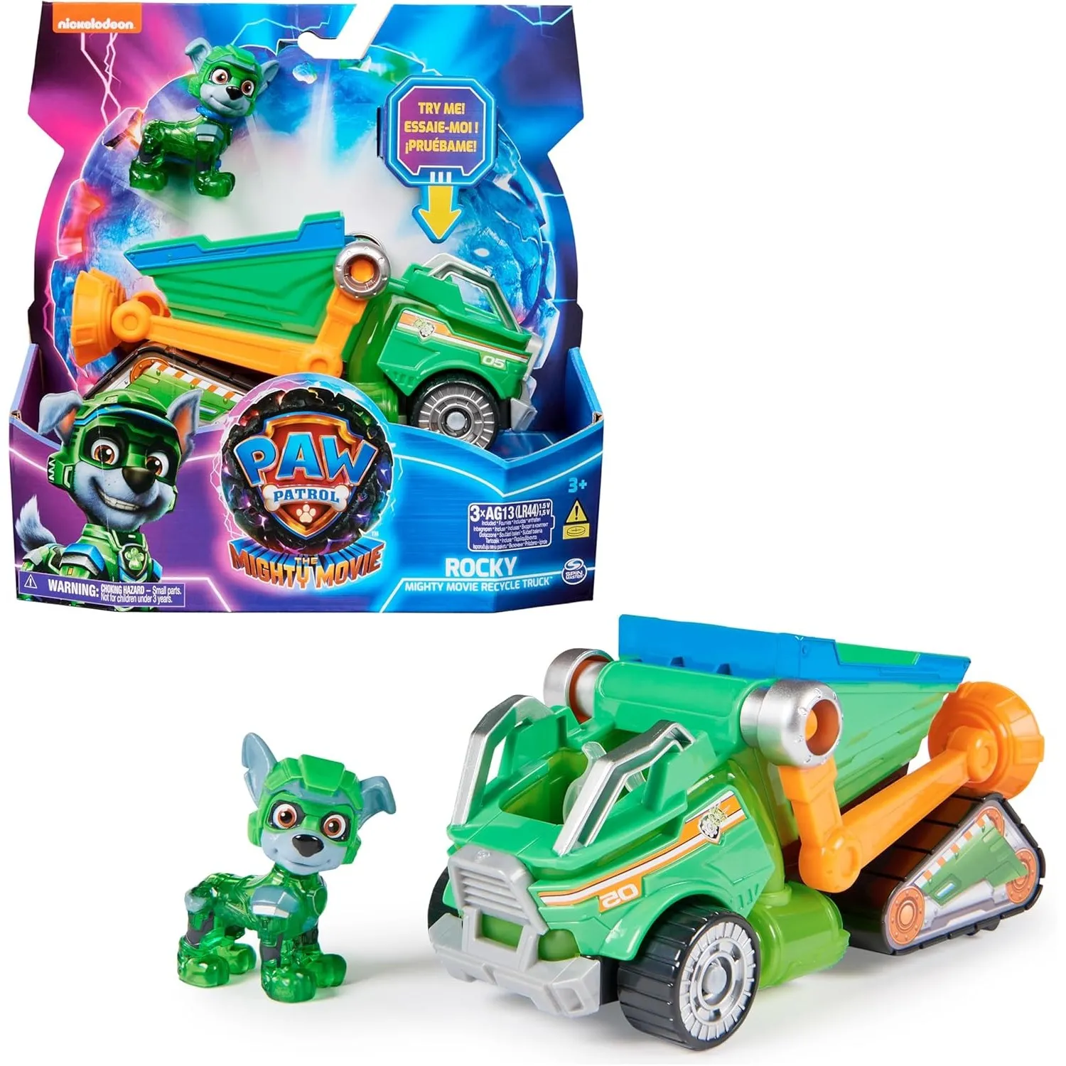 Spin Master PAW Patrol: Der Mighty Kinofilm, Superhelden-Basis-Fahrzeug von Rocky mit Welpenfigur, Mülltransporter mit …