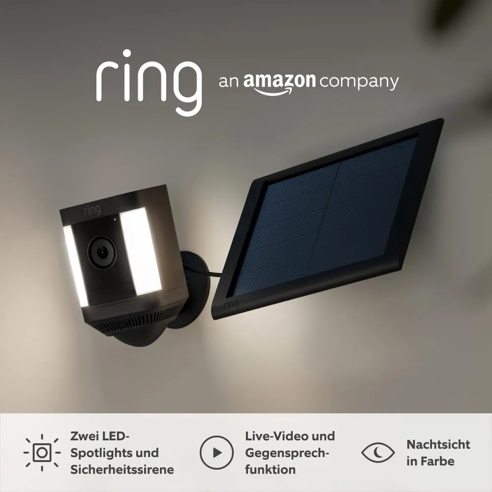 Ring Spotlight Cam Plus Solar | 1080p-HD-Video, Gegensprechfunktion, Nachtsicht in Farbe, LED-Spotlights, Sirene, Selbs…