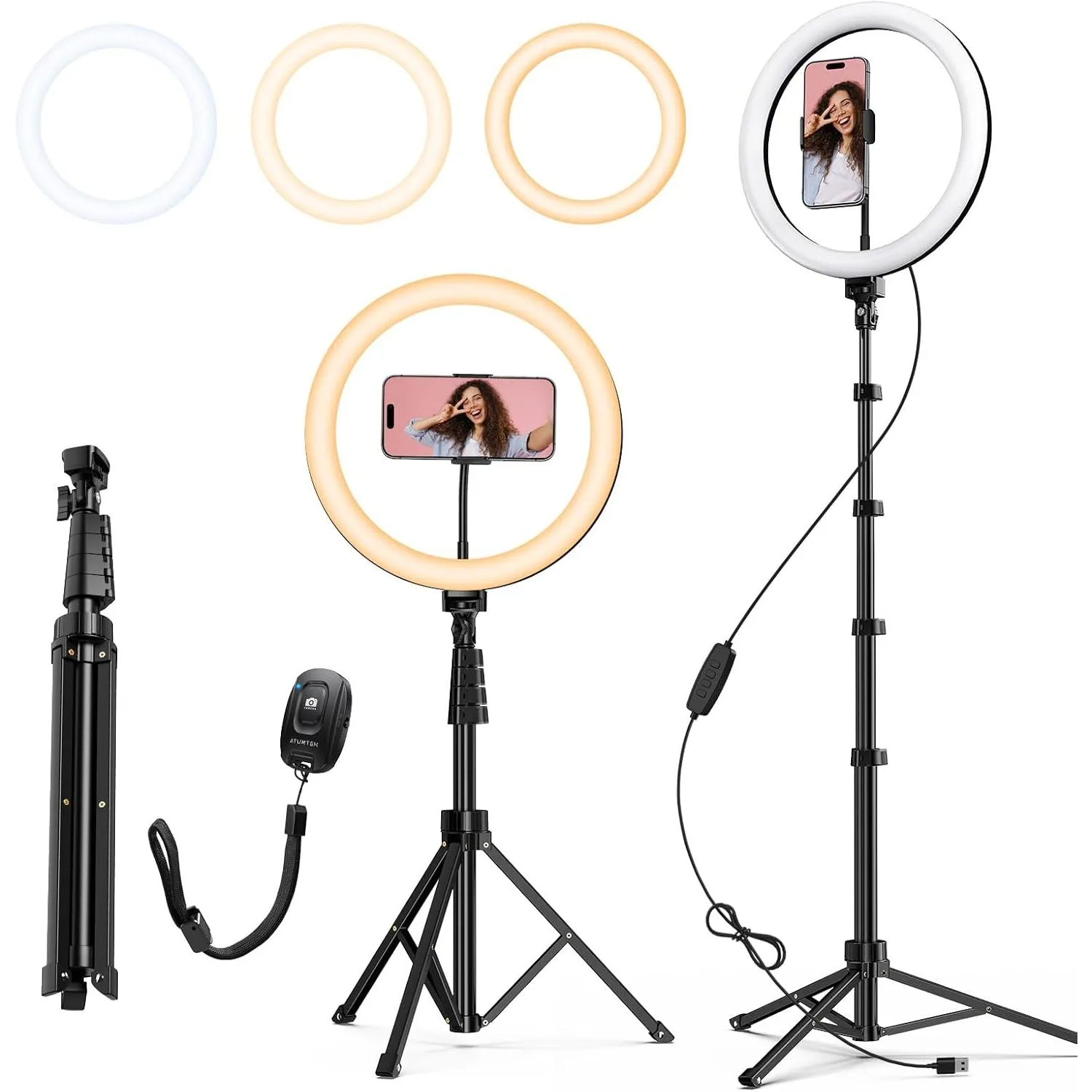 ATUMTEK 12" Selfie-Ringlicht mit 63" Ausziehbarem Stativ, Selfie-Licht mit Handyhalter und Bluetooth-Fernbedienung, Dim…