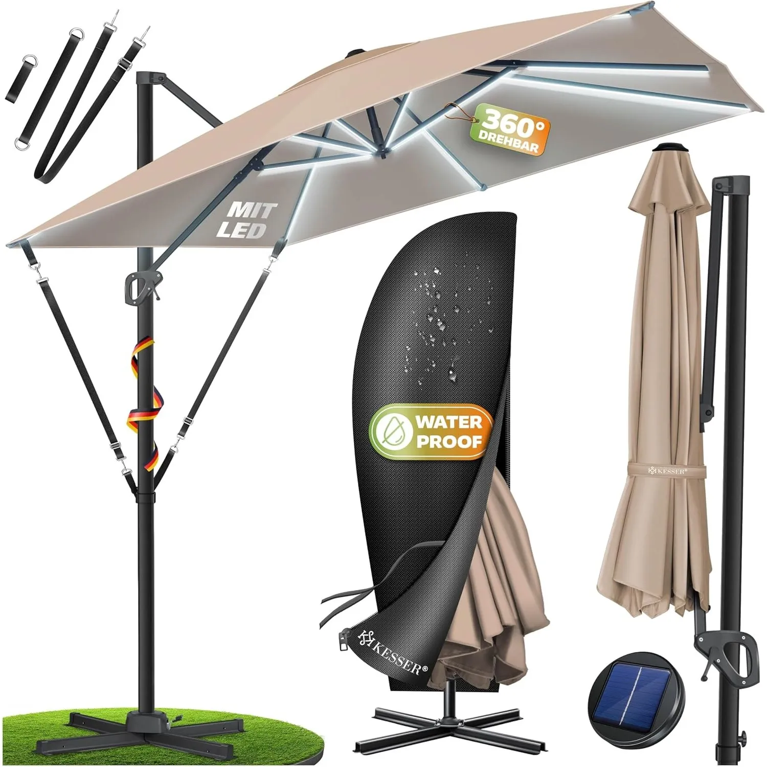 KESSER® Sonnenschirm Ampelschirm SUN XL 300 x 300 cm Inkl. Abdeckung + Windsicherung Drehbar Neigbar Kippbar Marktschir…