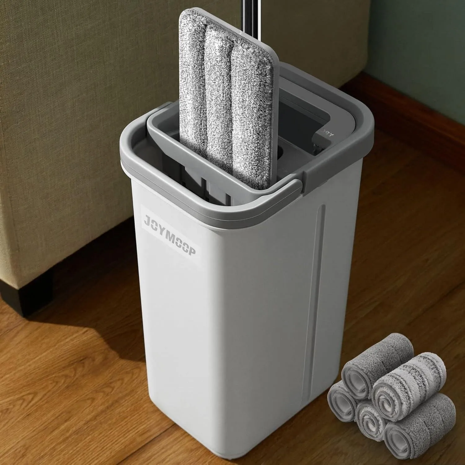 JOYMOOP Mop und Eimer mit Wringer Set, Hands Free Flat Floor Mop und Eimer, mit 5 waschbaren Mikrofaserpads, Nass- und …