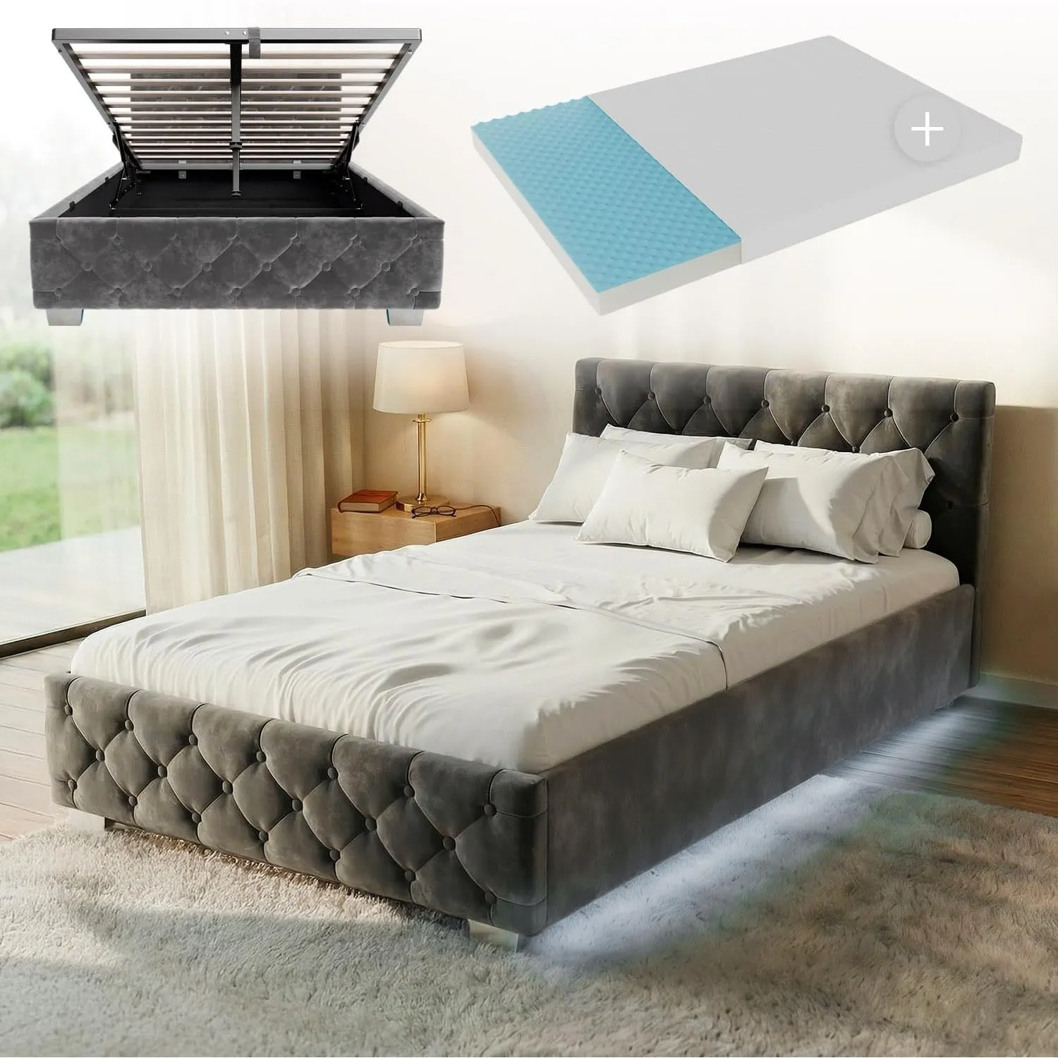 Juskys Polsterbett Nizza 120x200 cm mit Matratze, Bettgestell mit Lattenrost, Stauraum & LED Beleuchtung, Samtbezug, Ch…