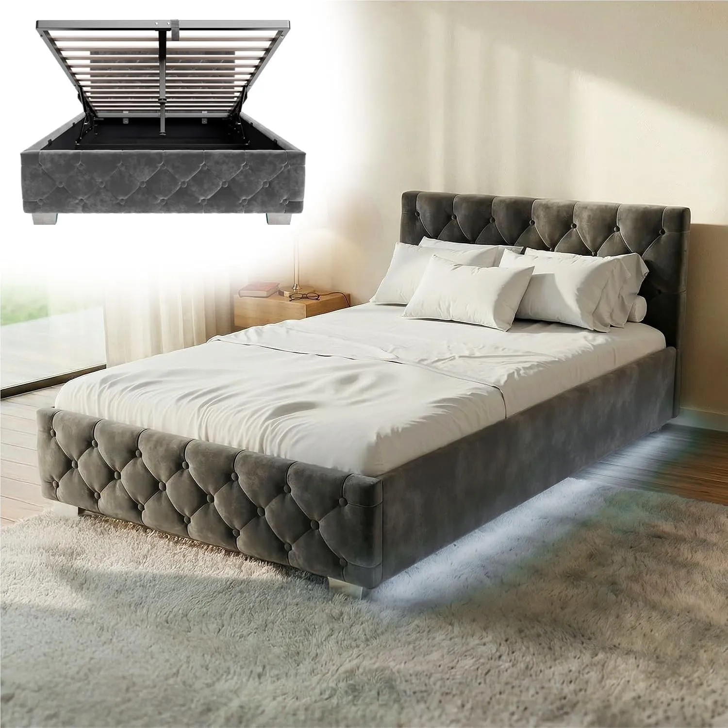 Juskys Polsterbett Nizza 120x200 cm Samt mit Stauraum, LED Beleuchtung & Lattenrost - Chesterfield Steppung & Kopfteil …