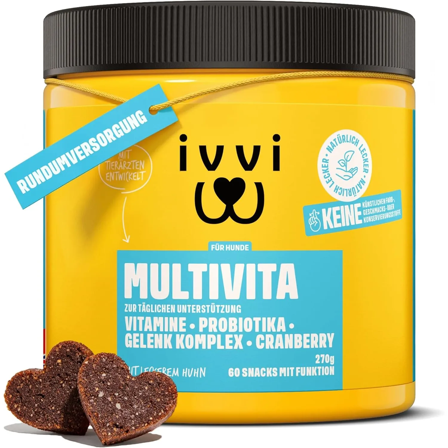 ivvi Multivitamin für Hunde als Leckerli – Rundumversorgung mit Probiotika, B Vitamine, Omega 3, Grünlippmuschel, Cranb…