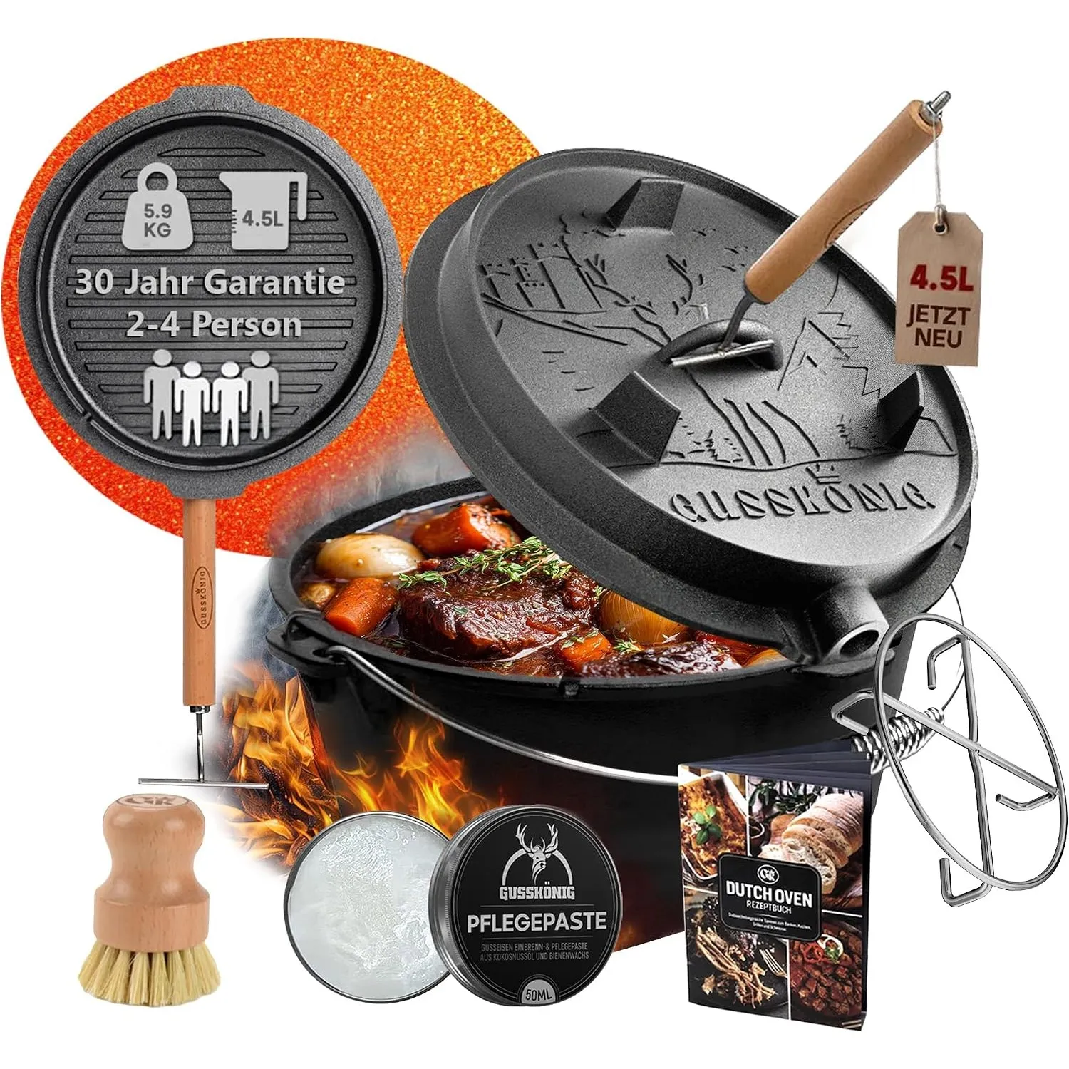 GUSSKÖNIG Dutch Oven Set-Eingebrannter Dutch Oven 4,5L [1-3 Person]-Feuertopf Gusseisen ohne Füßen-Schmortopf Doppelfun…