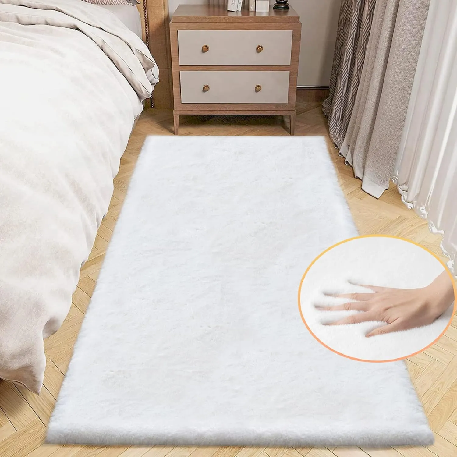 ORINOVA Teppich Läufer Weiß 60x180 cm Schlafzimmer Bettvorleger Kunstfell Teppich Flauschig Kinderzimmer Wohnzimmer Fel…