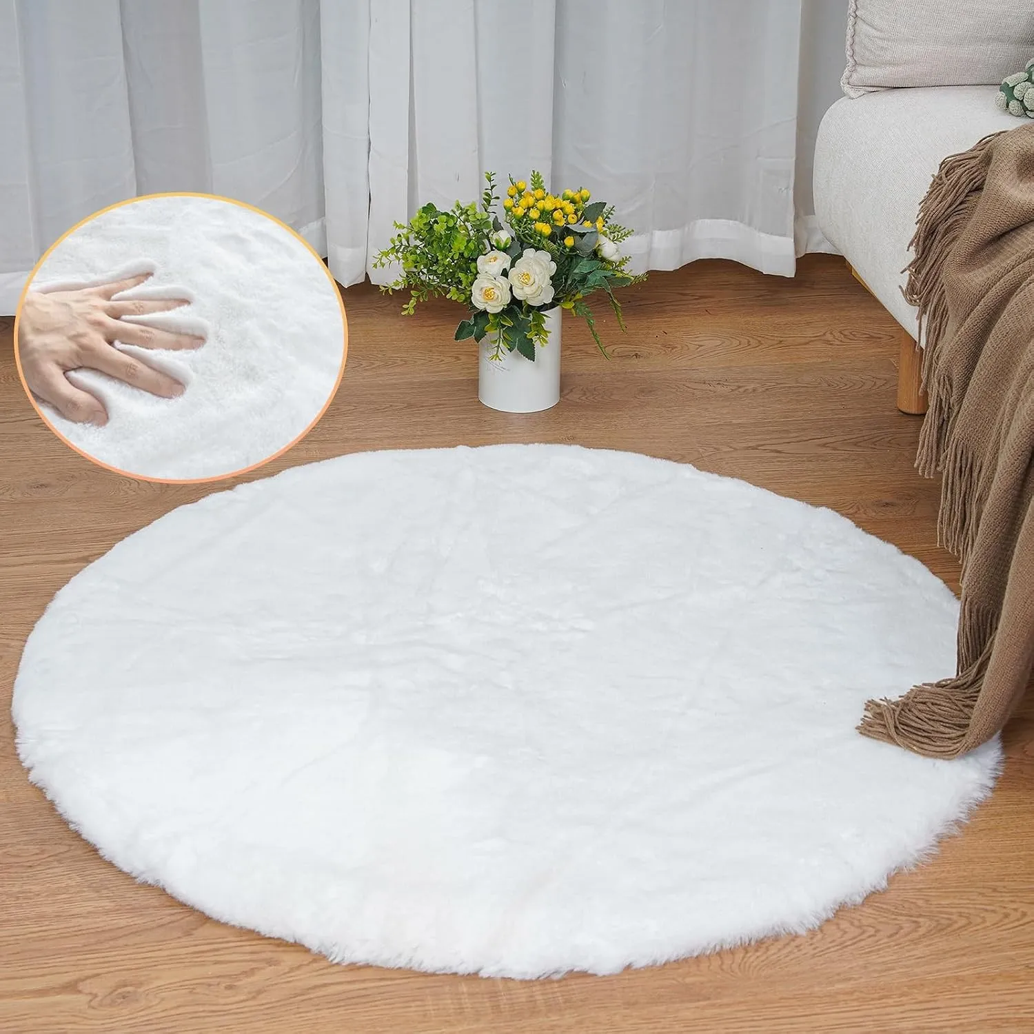 ORINOVA Teppich Rund Schlafzimmer Flauschig Weiß 90 cm Fellteppich Kunstfell Teppich Wohnzimmer Kinderzimmer Kuschelig …