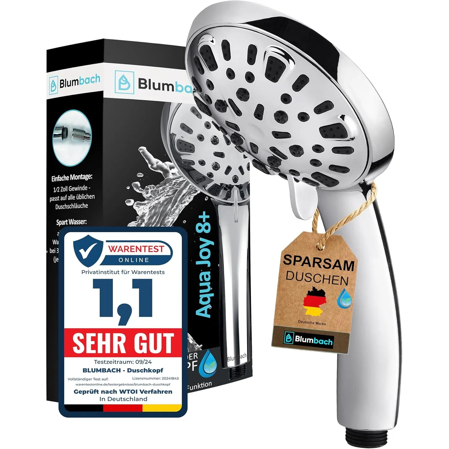 BLUMBACH® Duschkopf wassersparend Aqua Joy - Shower Head mit 8 Strahlarten | Premium Hochdruck Duschkopf, Wassersparend…