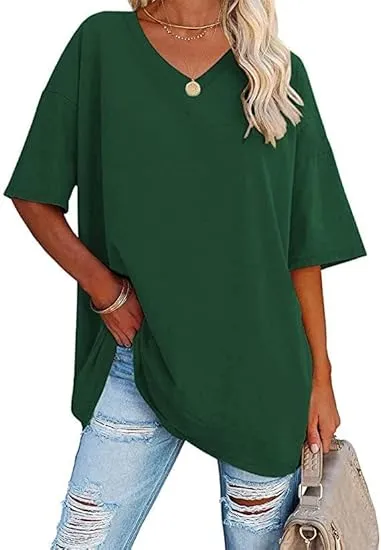 Ebifin Women's Oversize T-Shirt with V-Neck, Short-Sleeve Casual Loose Basic Summer T-Shirts, Blouse