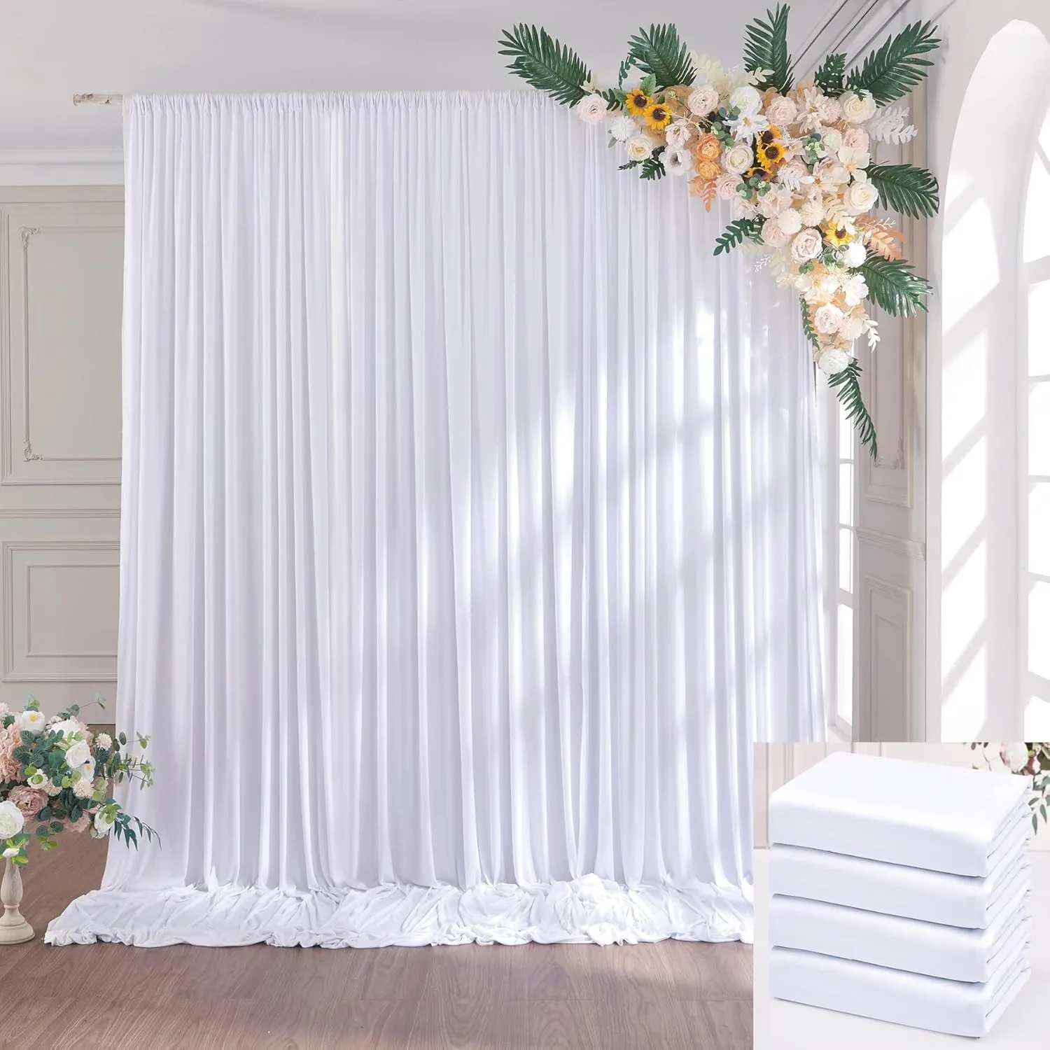 6×3 m Weiß Hochzeit Hintergrund Vorhang, 4 Platten 1,5×3m Faltenfreie Seide Polyester Weißer Fotowand Hintergrund Fotog…