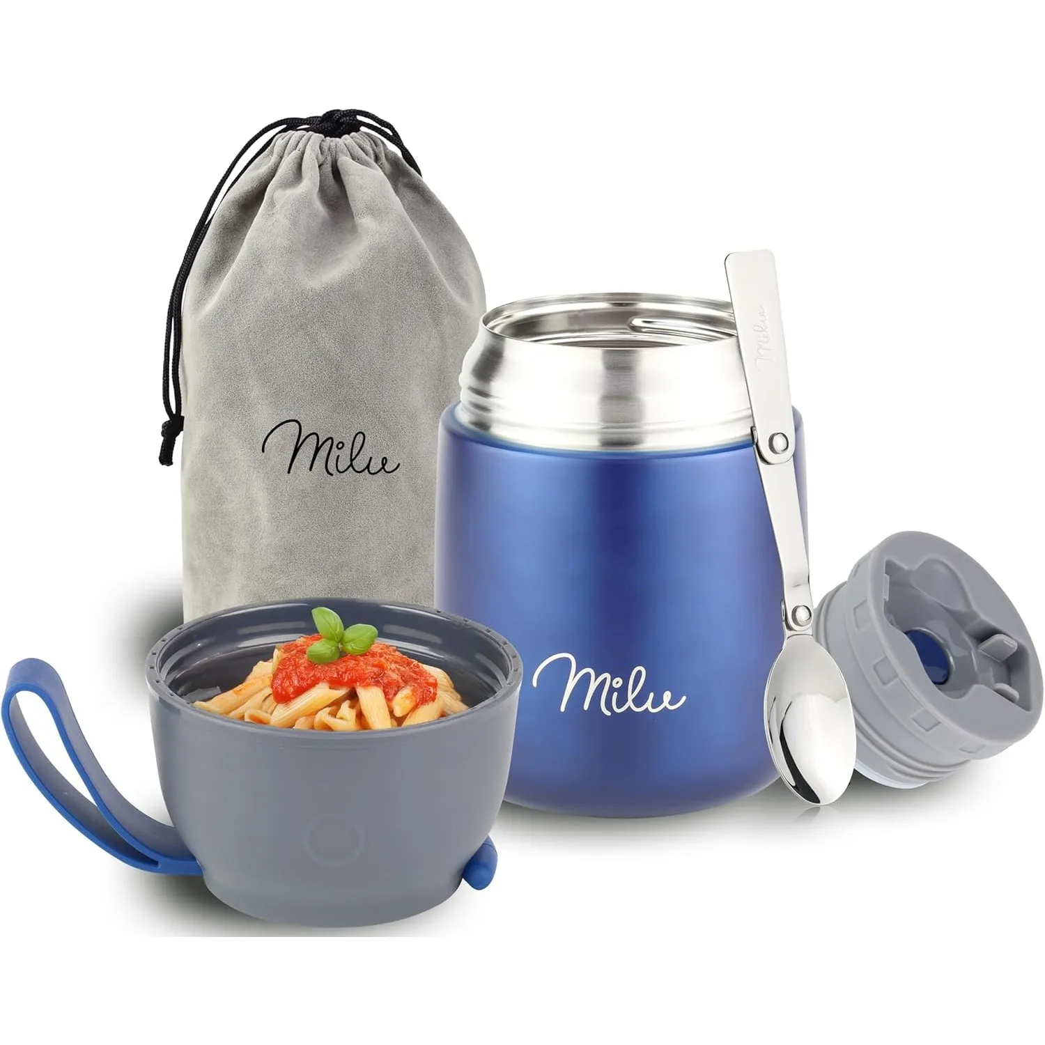 Milu® Thermobehälter für Essen 450ml, Edelstahl Warmhaltebehälter mit Löffel, Thermobecher Essen, Thermo Lunchbox für K…
