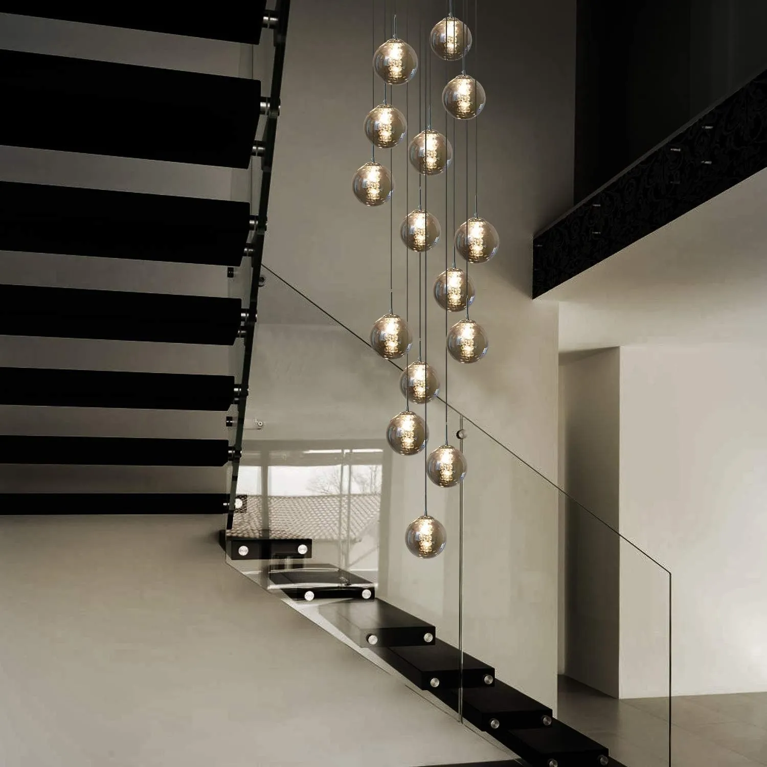 CBJKTX Pendelleuchte Treppenhaus 15 Flammig 320cm Hängelampe Glas Rauchgrau