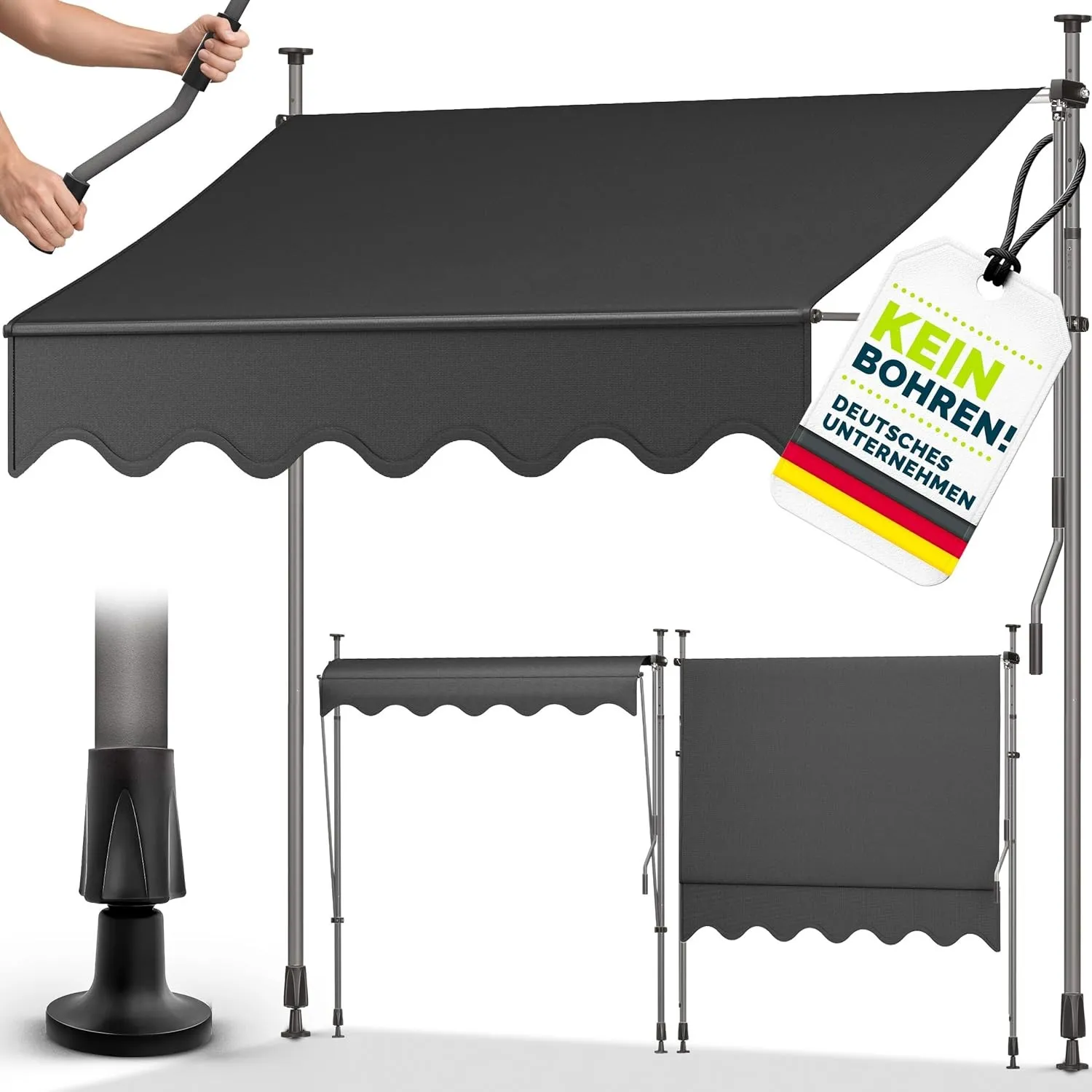 tillvex Klemmmarkise 250cm breit mit Handkurbel | Balkonmarkise ohne Bohren