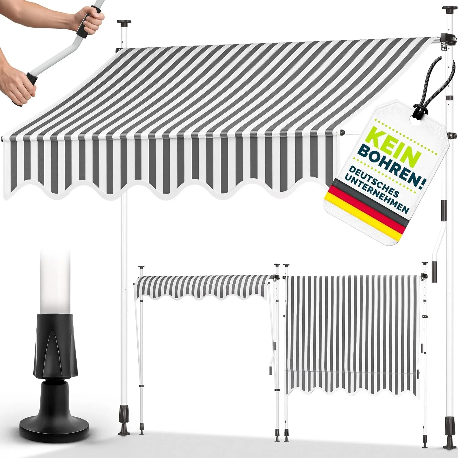 tillvex Klemmmarkise 350cm breit mit Handkurbel | Balkonmarkise ohne Bohren | Markise Balkon UV-beständig, wasserdicht …