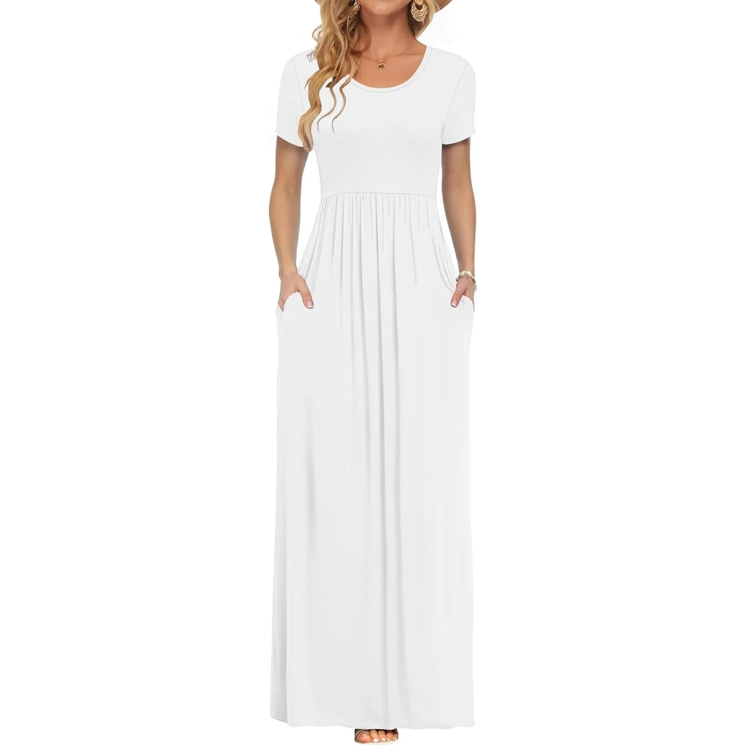 AUSELILY Damen Kurzarm Sommer Casual Long Maxi Kleider mit Taschen | Ganzjähriges Tragen, solider Blumendruck, Freizeit…