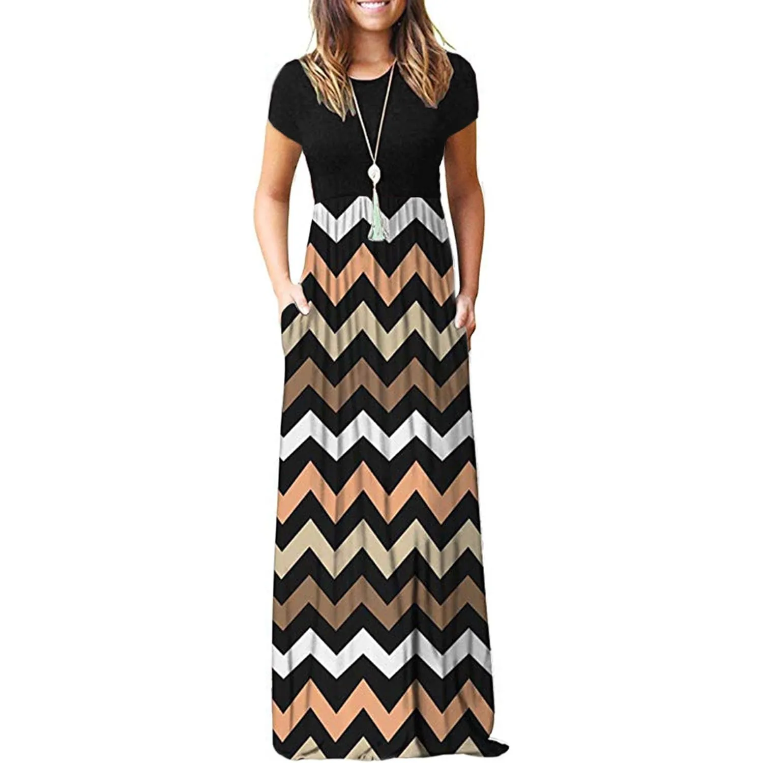 AUSELILY Damen Kurzarm Sommer Casual Long Maxi Kleider mit Taschen