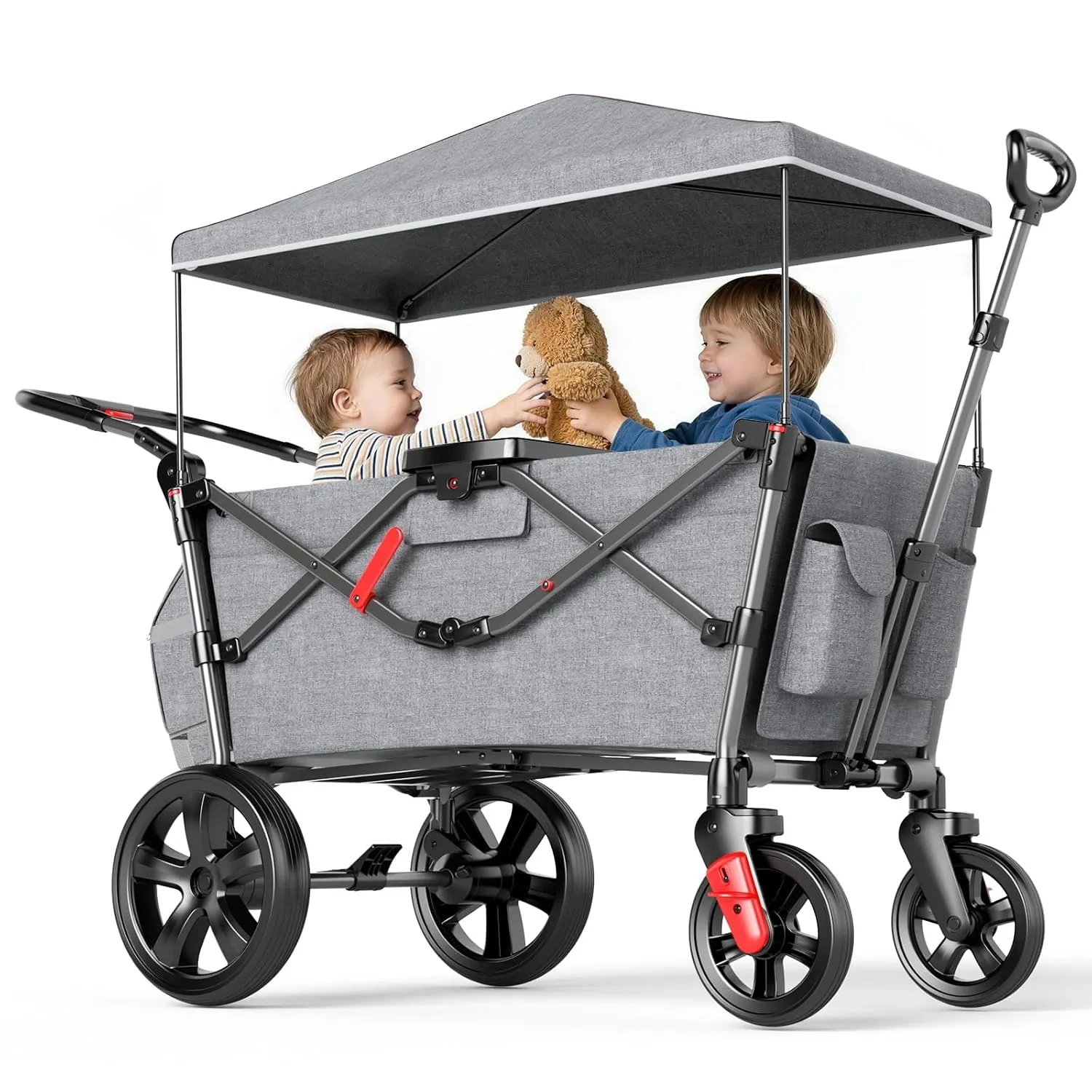 EVER ADVANCED Bollerwagen für 2 Kinder Faltbar mit Dach und Fußbremse