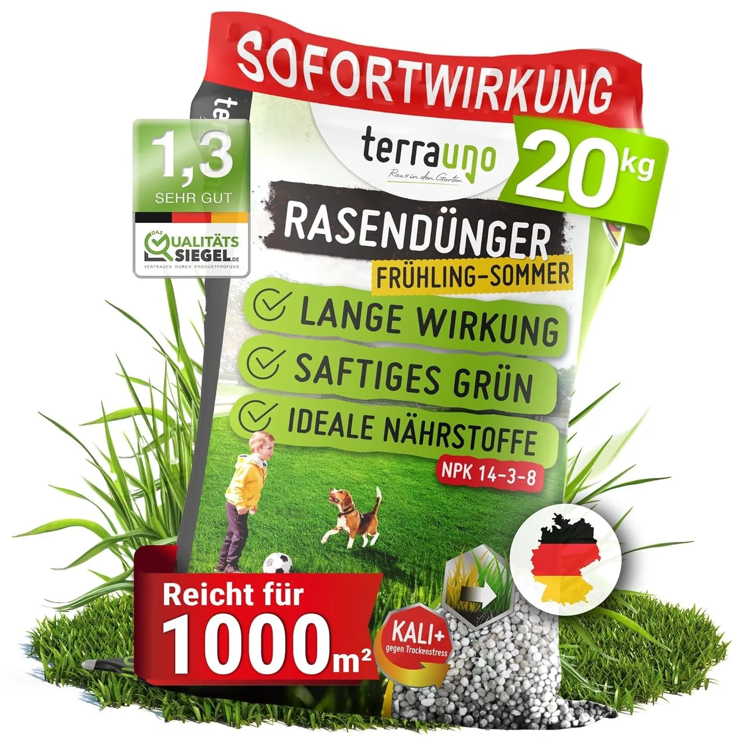 TerraUno Rasendünger Frühjahr/Sommer mit Sofortwirkung, NPK Dünger, 20 kg
