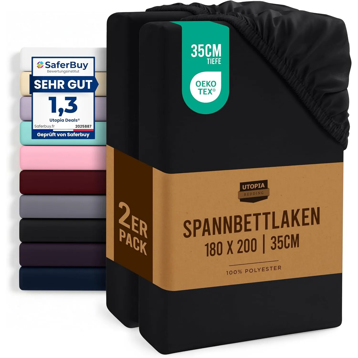 Utopia Bedding - 2er Set Spannbettlaken 180x200cm - Schwarz - Oeko-Tex Zertifiziertes - Gebürstete Mikrofaser Spannbett…