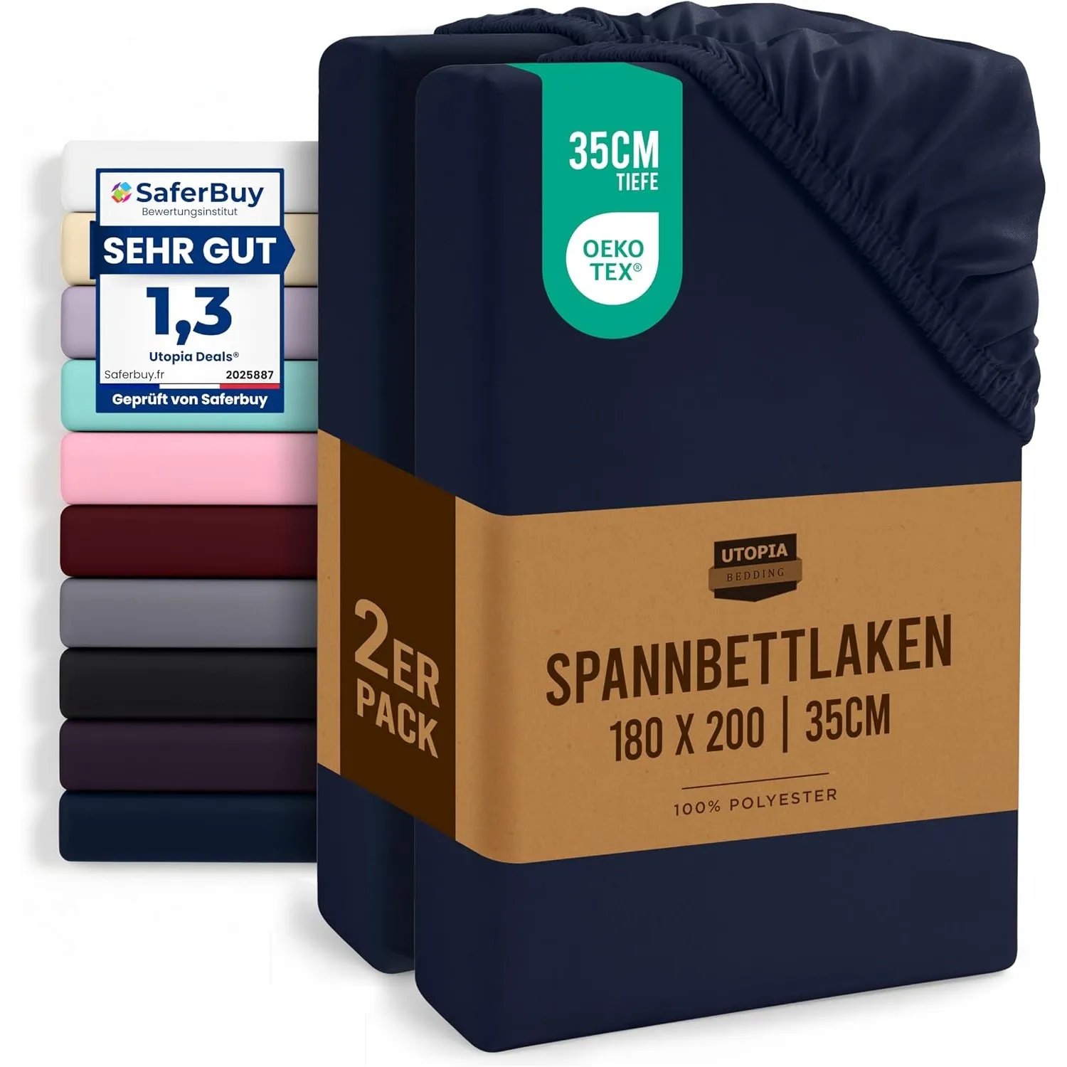 Utopia Bedding - 2er Set Spannbettlaken 180x200cm - Marineblau | Oeko-Tex Zertifiziertes - Gebürstete Mikrofaser Spannb…