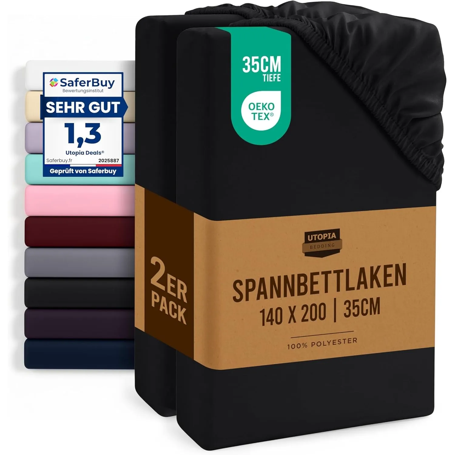 Utopia Bedding - 2er Set Spannbettlaken 140x200cm - Schwarz - Oeko-Tex Zertifiziertes - Gebürstete Mikrofaser Spannbett…