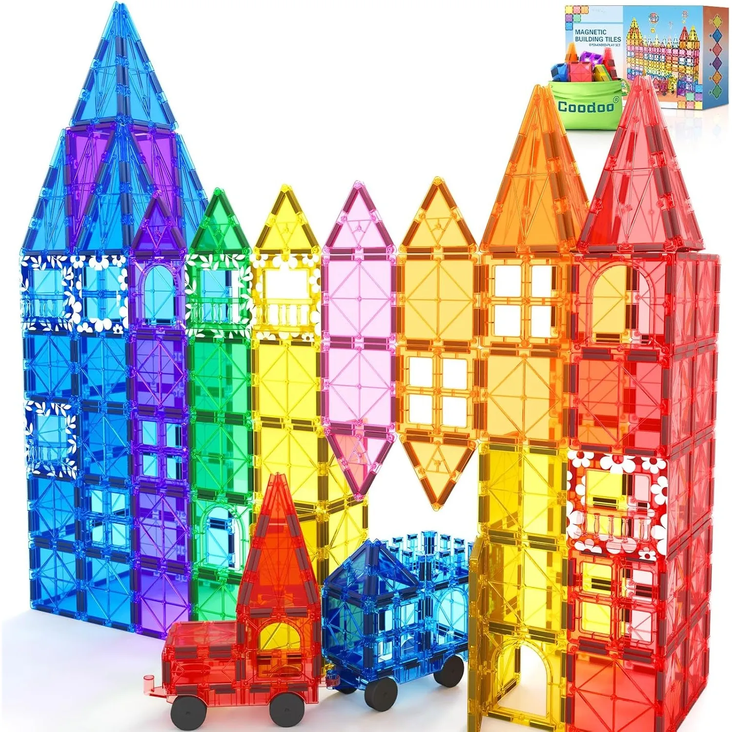 100 Magnetische Fliesen STEM Bauspielzeug mit 2 Autos, Sensorische Magnetische Bausteine für Kleinkinder und Kinder, Vo…