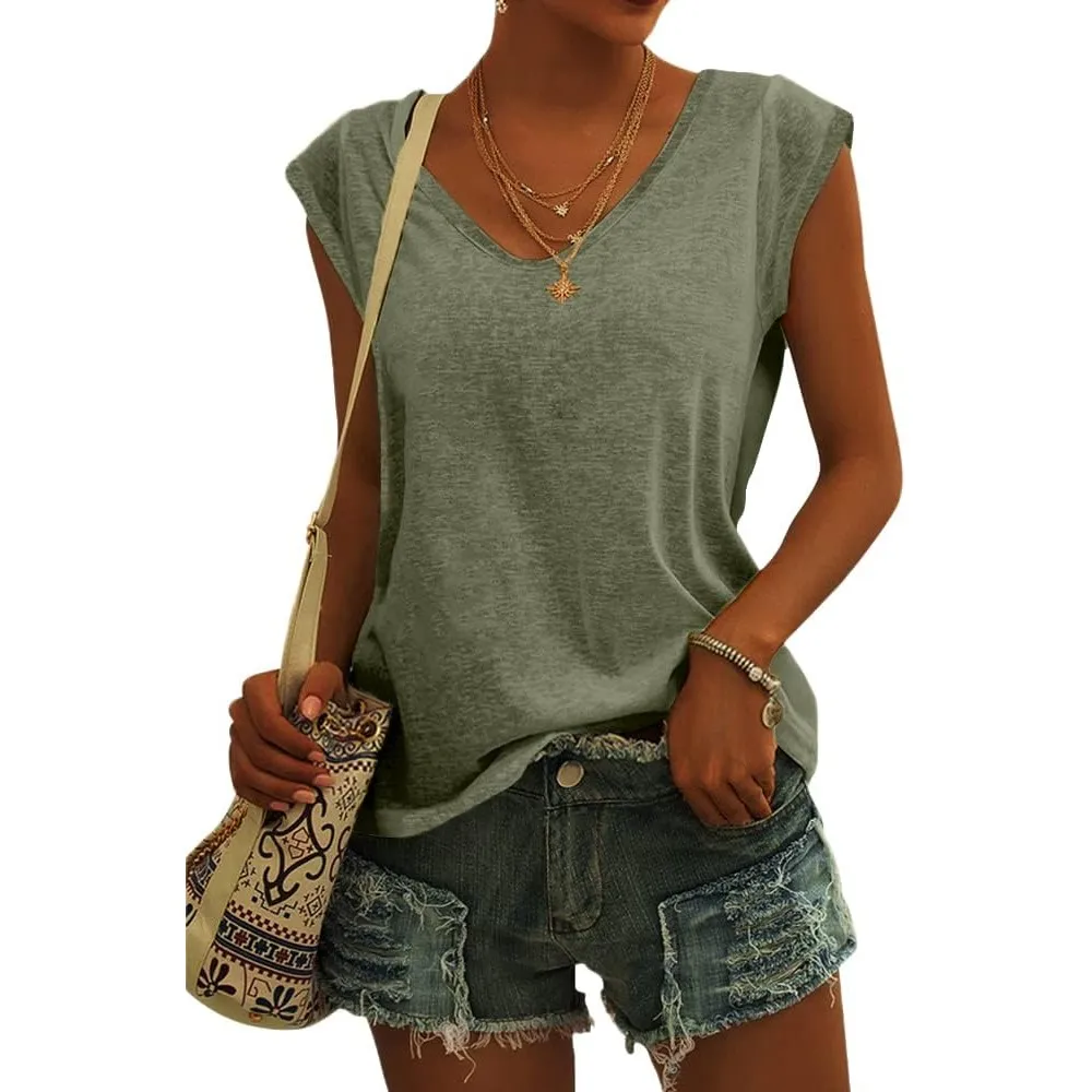 GeGekoko Damen T-Shirt Kurzarm V-Ausschnitt Flügelärmeln Oberteile Blusen Sommer Casual Lose Tank Top Basic Mädchen Tops