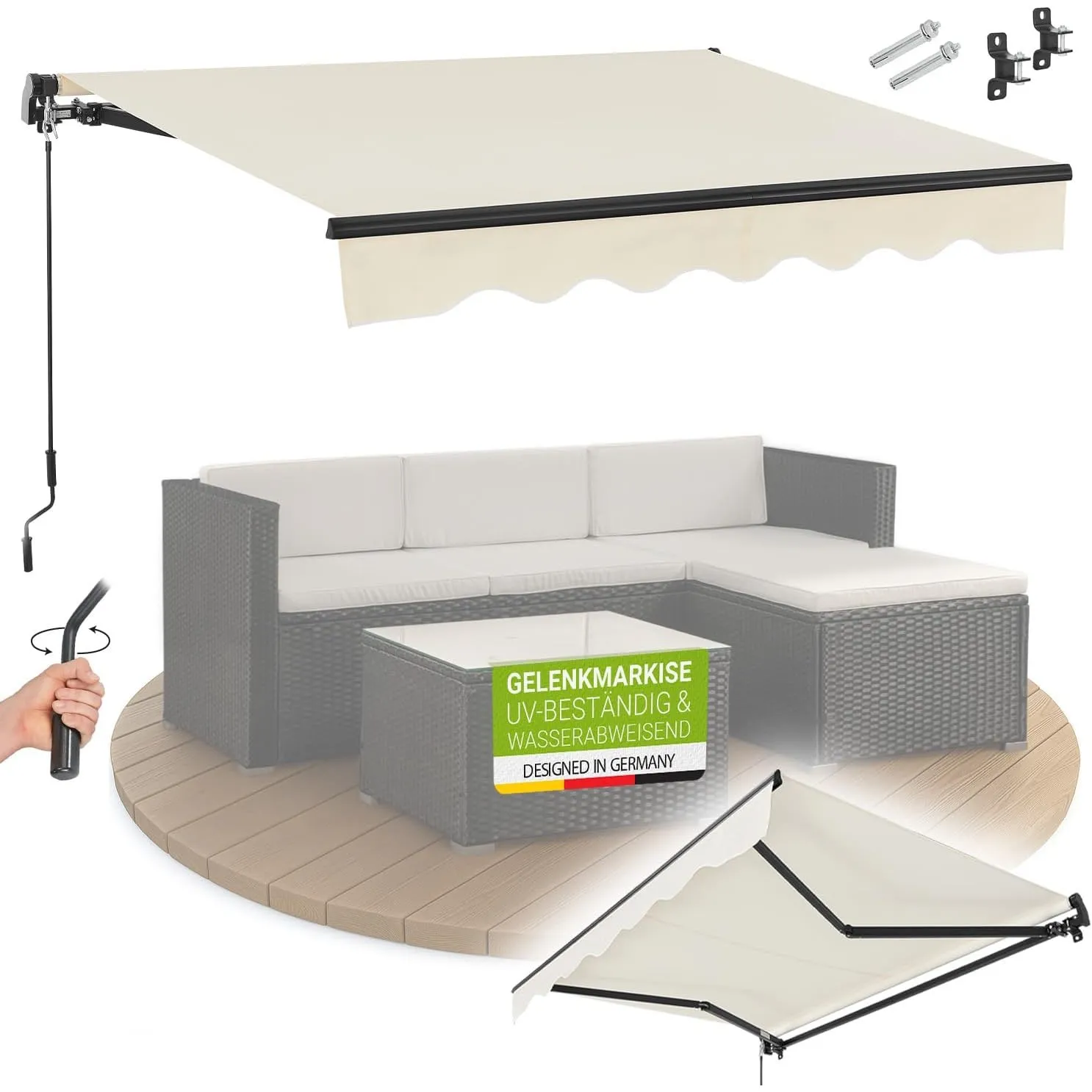Juskys® Gelenkarmmarkise 300 x 250 cm, UV40+ & wasserabweisend, mit Kurbel & Wandhalterung Länge + Winkel einstellbar, …