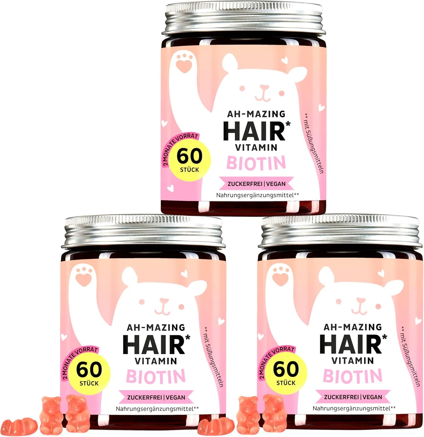 Biotin-Gummibärchen Ah-mazing Hair, 3er-Pack - Vitamine für Haare, Haut und Nägel – 5000 µg Biotin, Zink, Vitamin C, E …