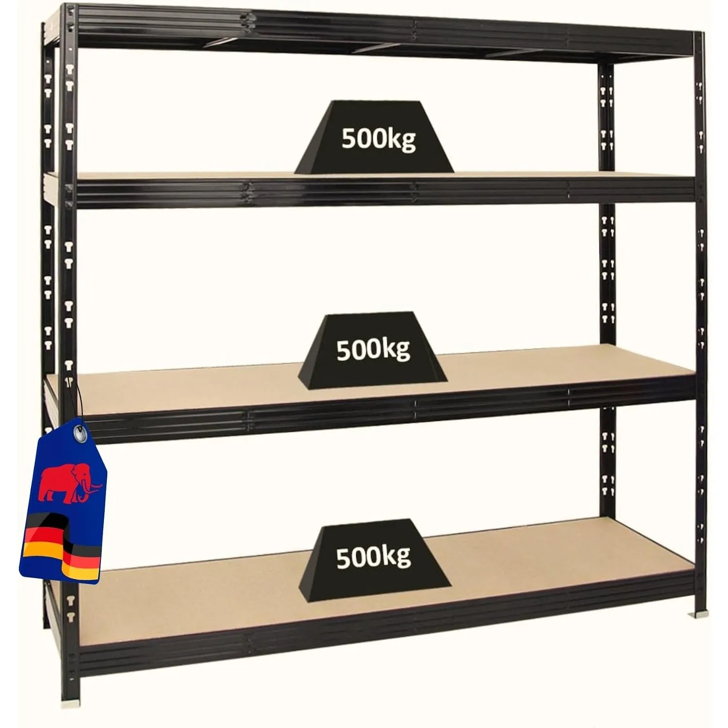 PROREGAL Profi Schwerlastregal Rhino EXTRA BREIT schwarz HxBxT 180x200x60cm Fachlast 500kg 4X Spanplatten-Ebenen 8mm Ga…