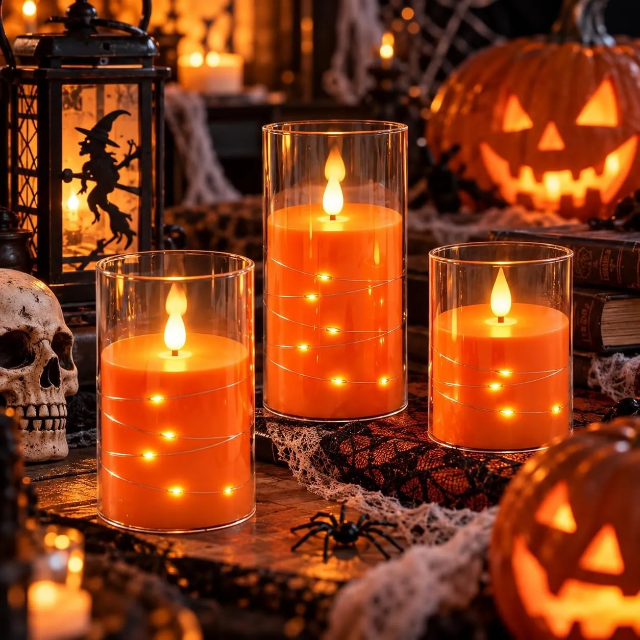 Da by 3 Stück Orange LED Kerzen mit Feenlichtkette, Realistische Flackerflamme, Fernbedienung, Hitzebeständige Glas-Ker…