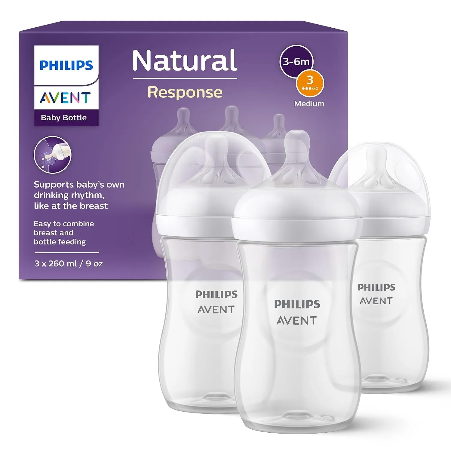 Philips Avent Natural Response Babyflasche mit 260 ml mit Saugern für mittleren Nahrungsfluss (Durchflussrate 3), 3er-P…