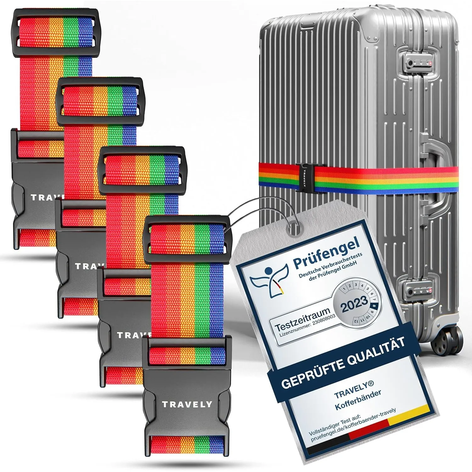 Travely® Premium Koffergurt - Besonders Auffällig & Sicher - Inkl. 4 Namensschildern - Gepäckband ideal über Kreuz - [4…
