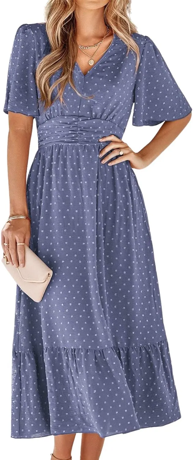 BebreezChic Summer Dress Women's Long Boho Elegant Short Sleeve V-Neck High Waist Swiss Dot Ruffled Flowers Beach Dress…