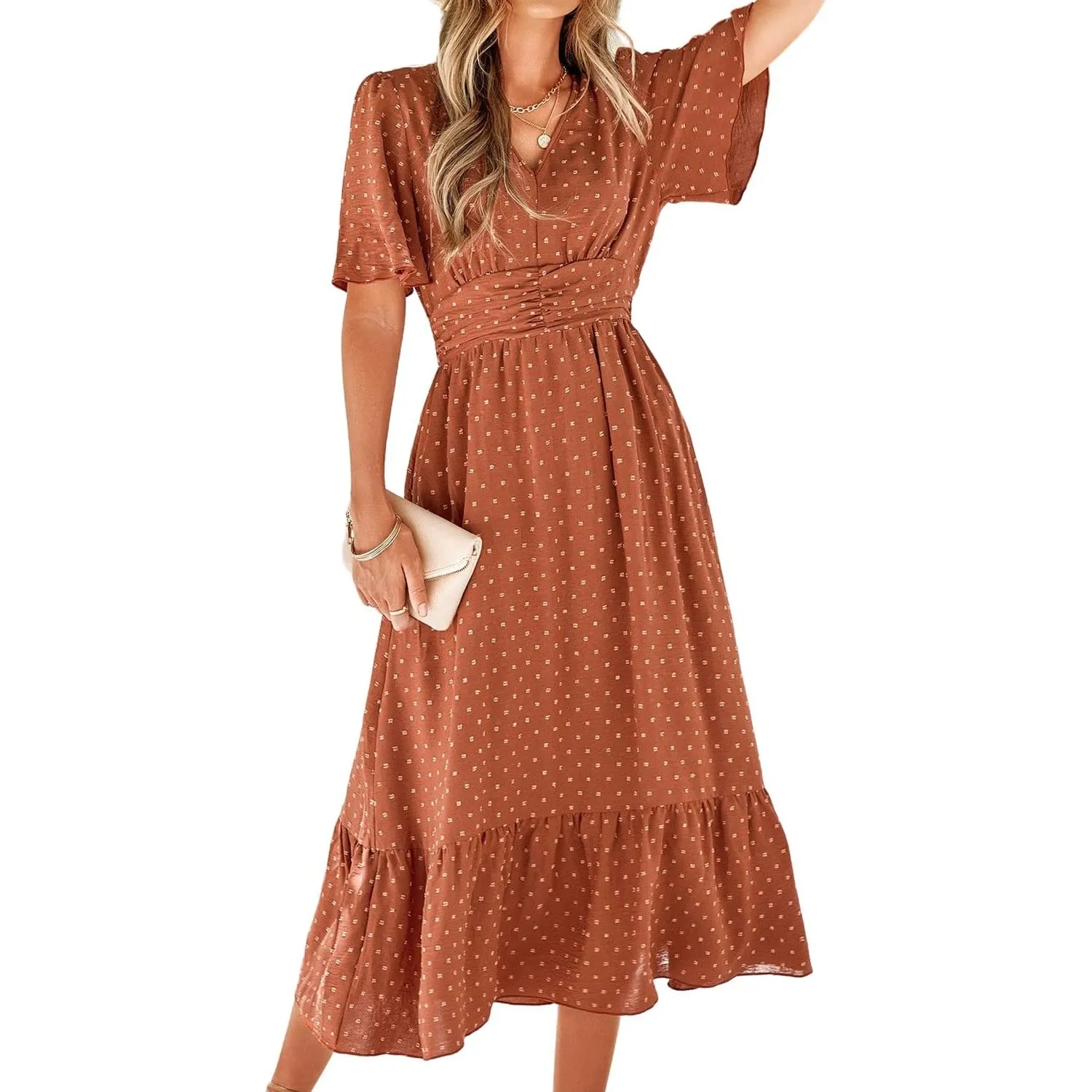 BebreezChic Sommerkleid Damen Lang Boho Elegant Kurzarm V-Ausschnitt Hohe Taille Swiss Dot Gerafft Blumen Strandkleid M…