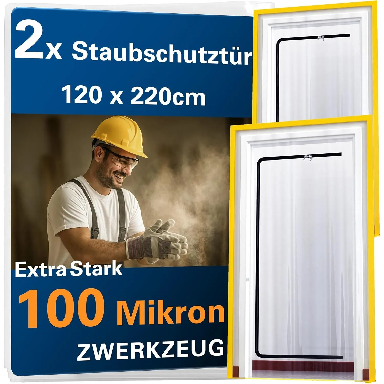2x ZWERKZEUG® 2x Staubschutztueren mit Reissverschluss 𝟏,𝟐𝟎 𝐱 𝟐,𝟐𝟎 𝐦 extra stark 100 mikron Wasserdicht Anti-Staub Reis…
