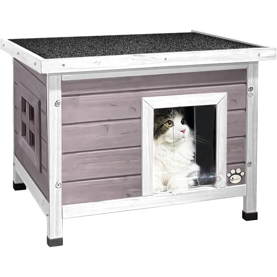 VOUNOT® Katzenhaus aus Holz, Katzen Haus mit Asphaltdach, Katzenhütte für Draussen Outdoor 57 x 45 x 43 cm, Grau