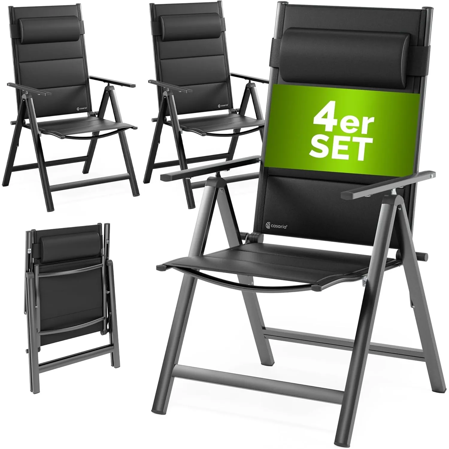 Casaria® Gartenstühle 4er Set Klappbar Gepolstert Alu 8- Fach Verstellbar 120 kg Belastbarkeit Wetterfest Outdoor Balko…