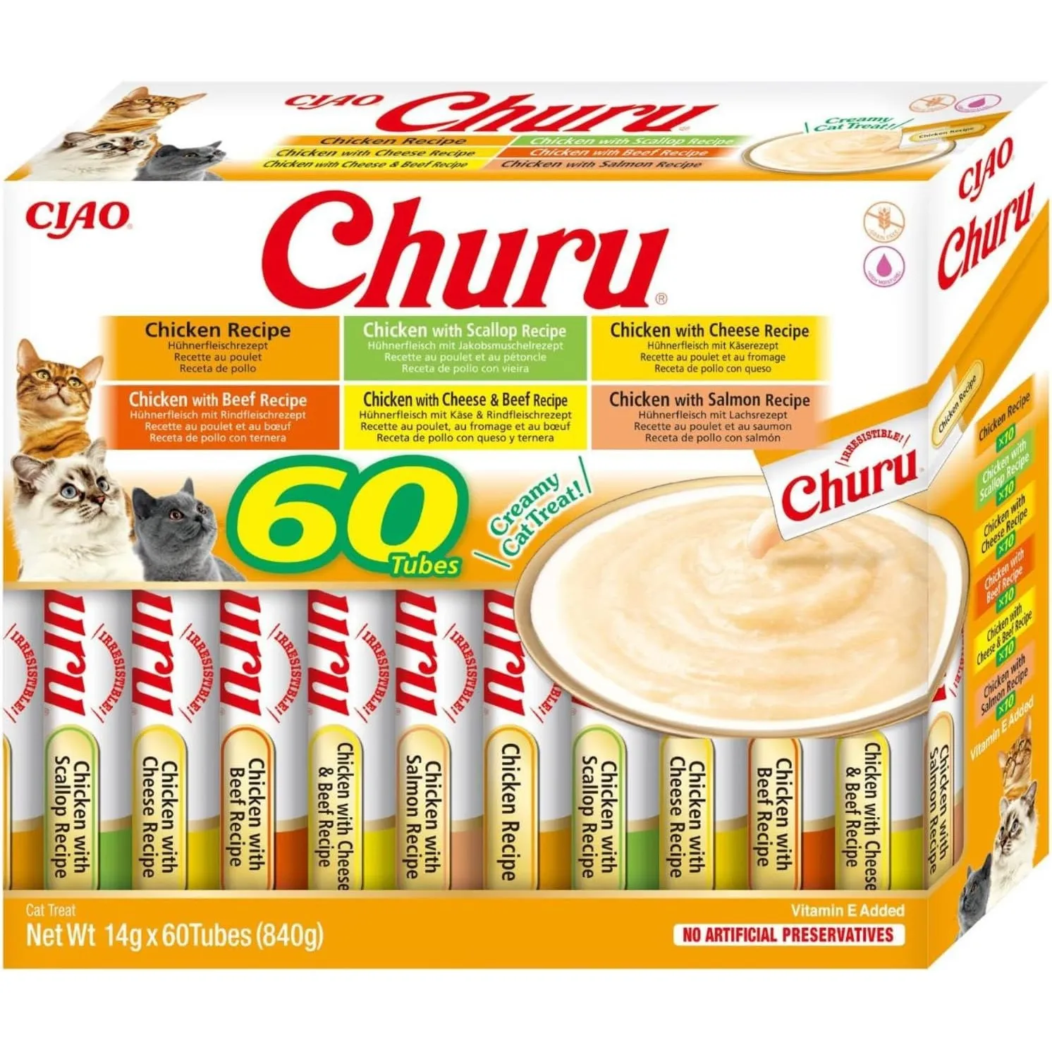 INABA Churu, Katzenleckerlis Creamy Snack, Katzen Schleckies, Huhn 60 x 14g