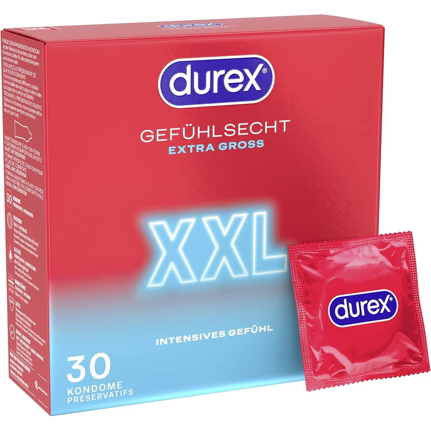 Durex Gefühlsecht XXL Kondome – Dünne Kondome mit großer Passform & mit Silikongleitgel befeuchtet, transparent, angene…