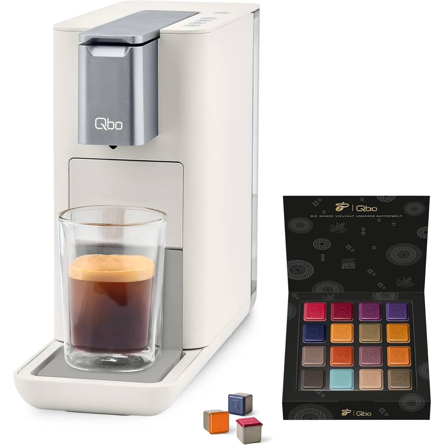 Tchibo Qbo ESSENTIAL Premium Kapselmaschine inkl. 16 recyclebare Qbo Kapseln für Espresso, Caffè und Caffè Grande, komp…