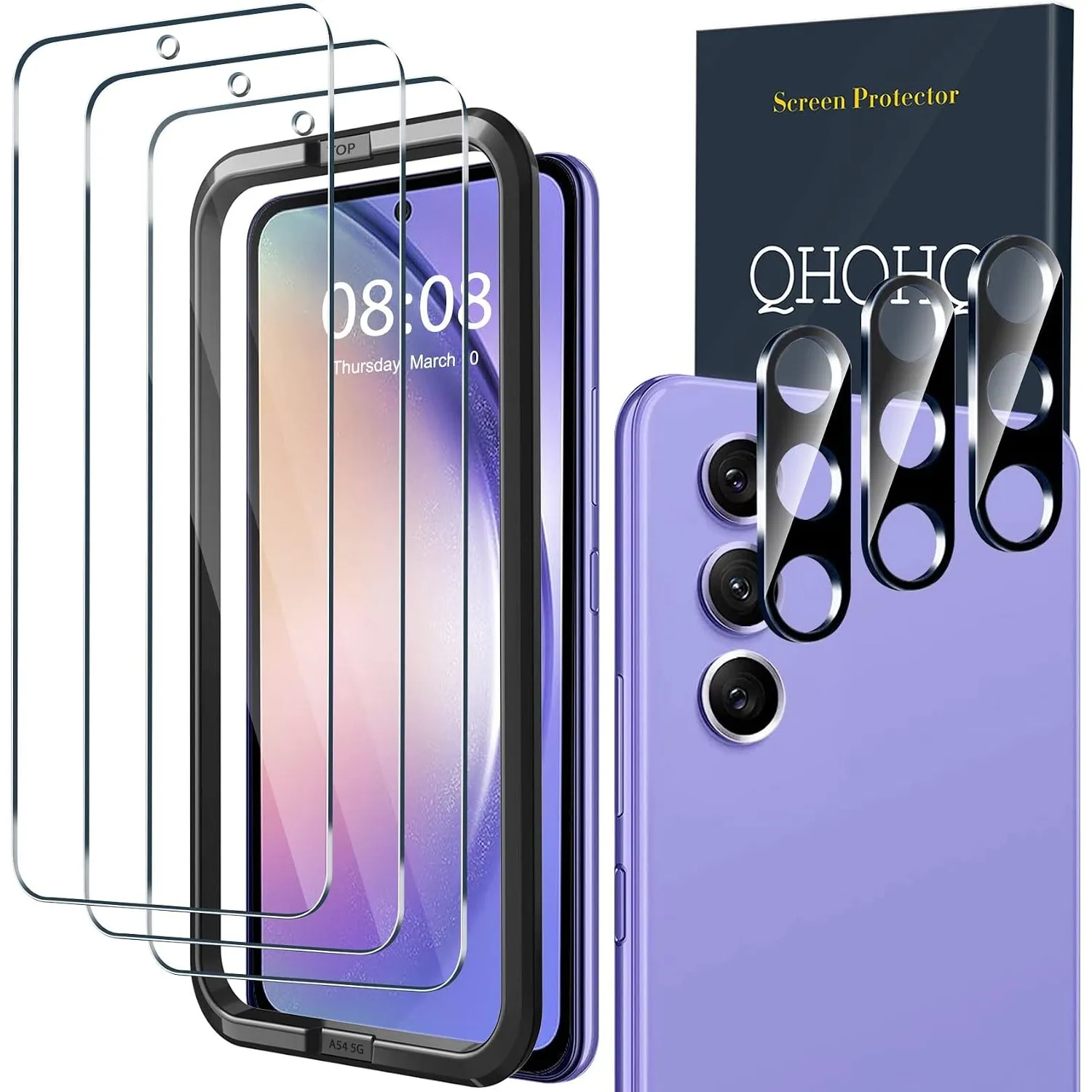 QHOHQ 3 Stück Panzer Schutz Glas für Samsung Galaxy A54 5G mit 3 Stück Kamera Panzer folie, 9H Härte, Ultra-HD Displays…