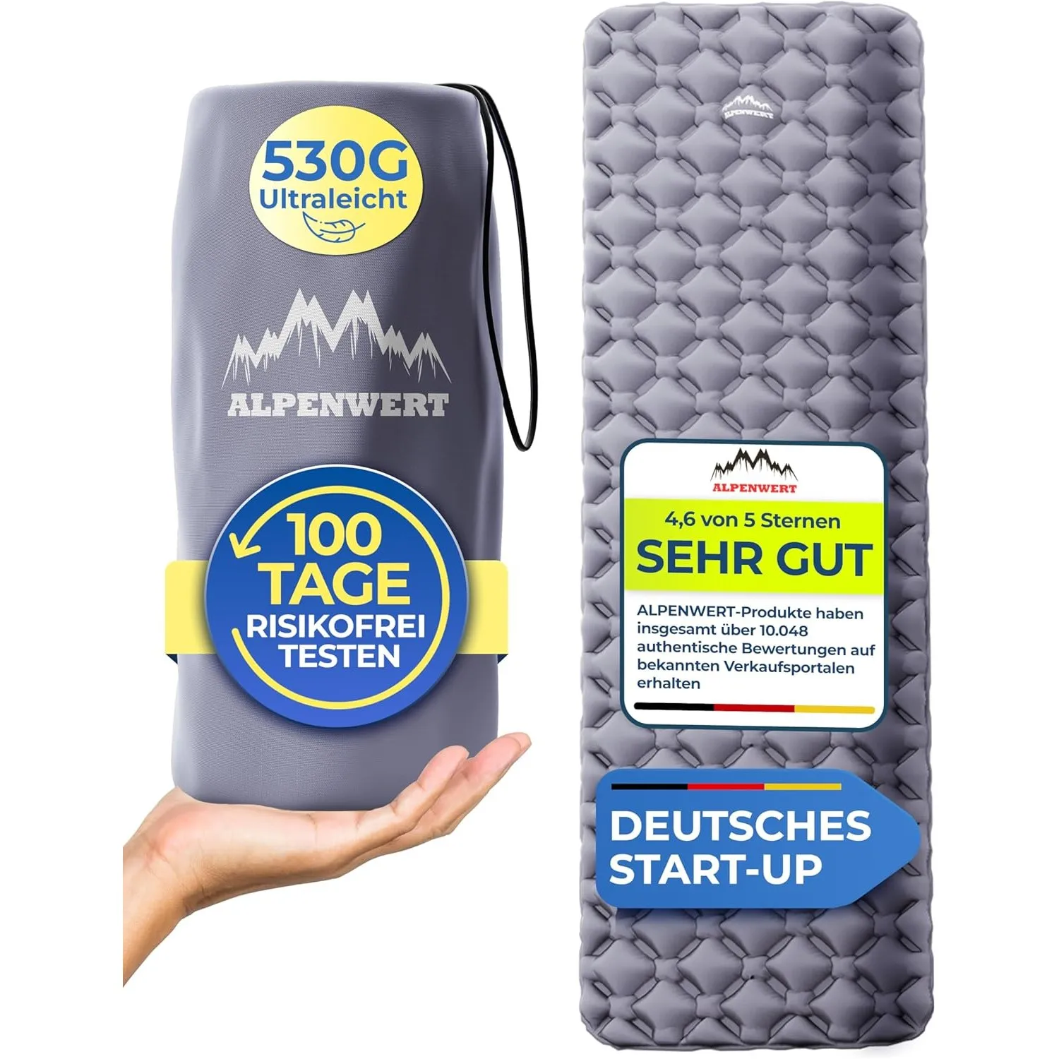 Alpenwert® Isomatte Outdoor [Kleines Packmaß & Ultraleicht] – Testsieger 2026 – 100 Tage risikofrei testen – Aufblasbar…