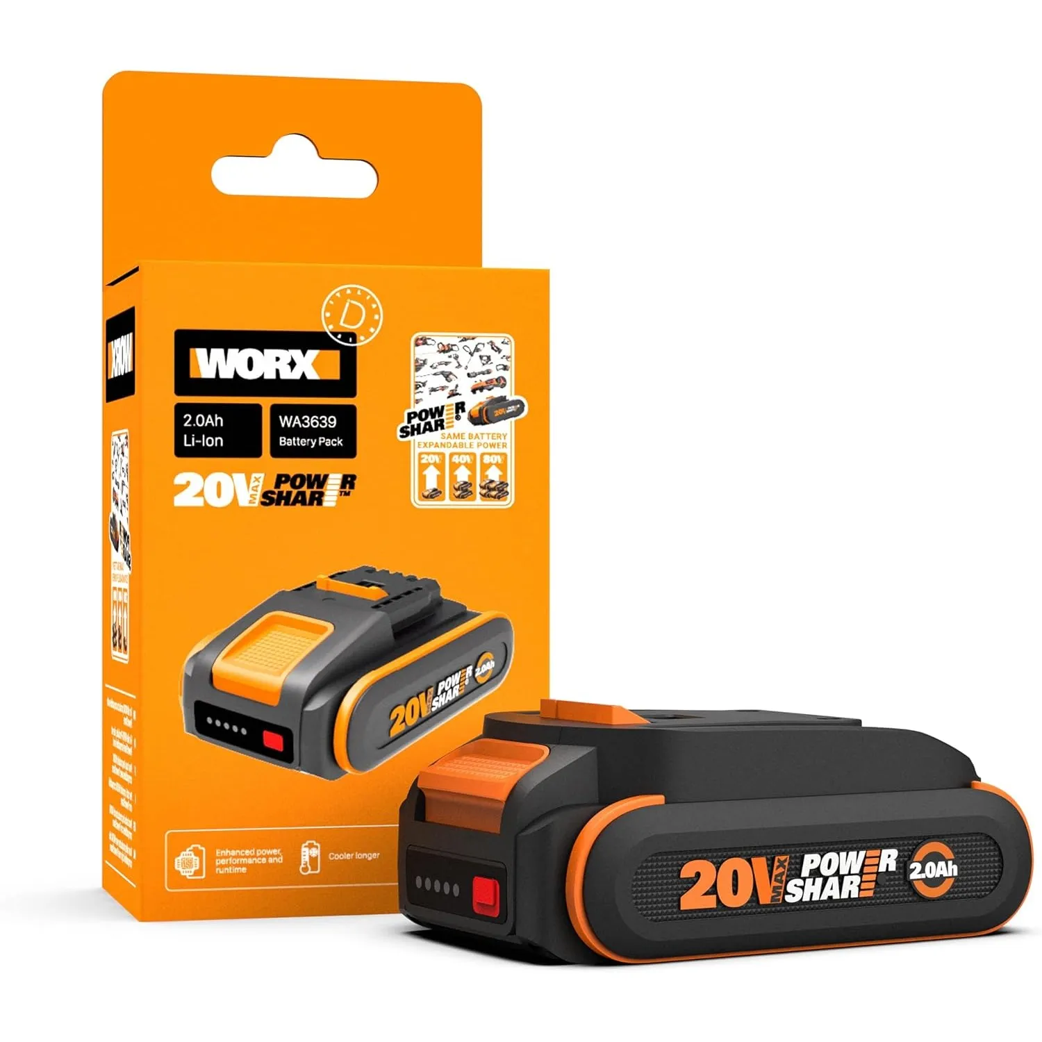WORX WA3639 Original PowerShare Akku 20V, Li-Ion, 2,0 Ah | kompakter Akku mit höher Sicherheit & längerer Laufzeit, mit…