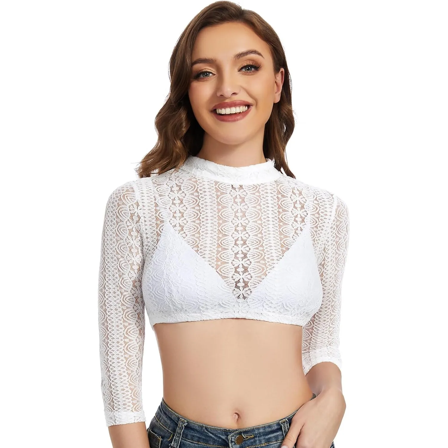 AMZHOTER Dirndl Bluse Damen Dirndlbluse Spitze Trachtenbluse Langarm Weiß Hochgeschlossen Bluse Oktoberfest 32-54