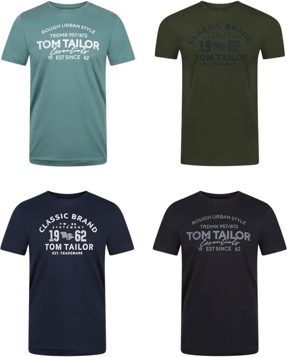 TOM TAILOR Men's Cotton T-Shirt, Regular Fit, Pack of 4, Crew Neck, Short Sleeve, Summer T-Shirt, Logo Print, 100% Cott…