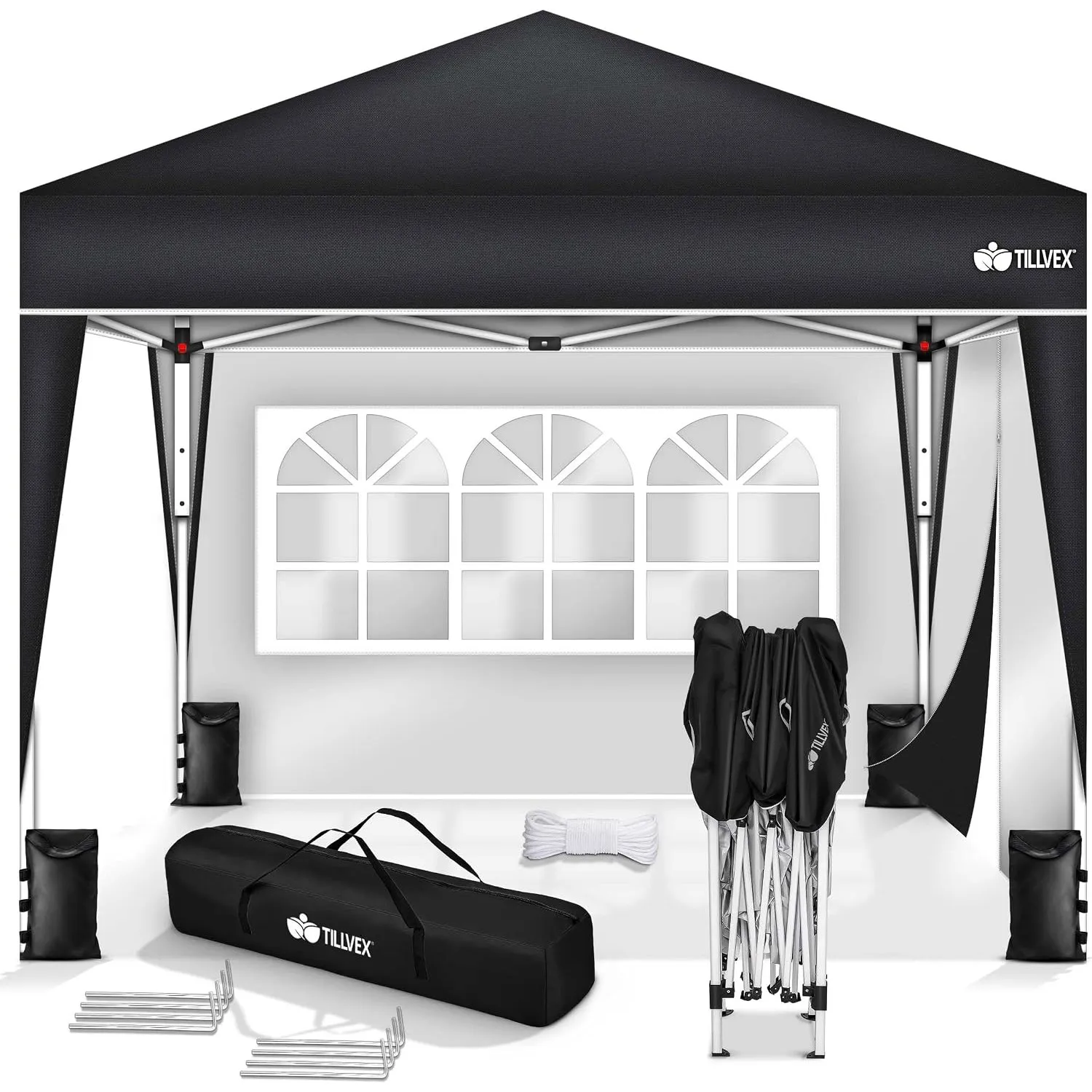 tillvex® Pavillon 3x3m Wasserdicht mit 2 Seitenteilen & 4er Set Sandsäcke