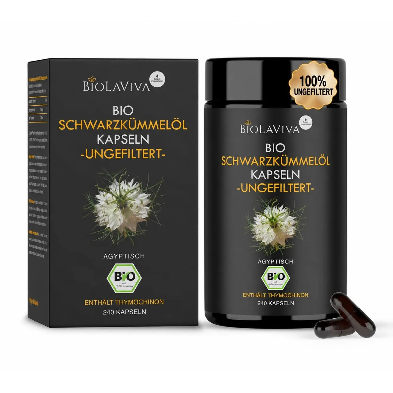 Premium BIO Schwarzkümmelöl Kapseln ungefiltert– reich an Thymochinon – 240 vegane Kapseln 4-Monats-Vorrat – Nigella sa…