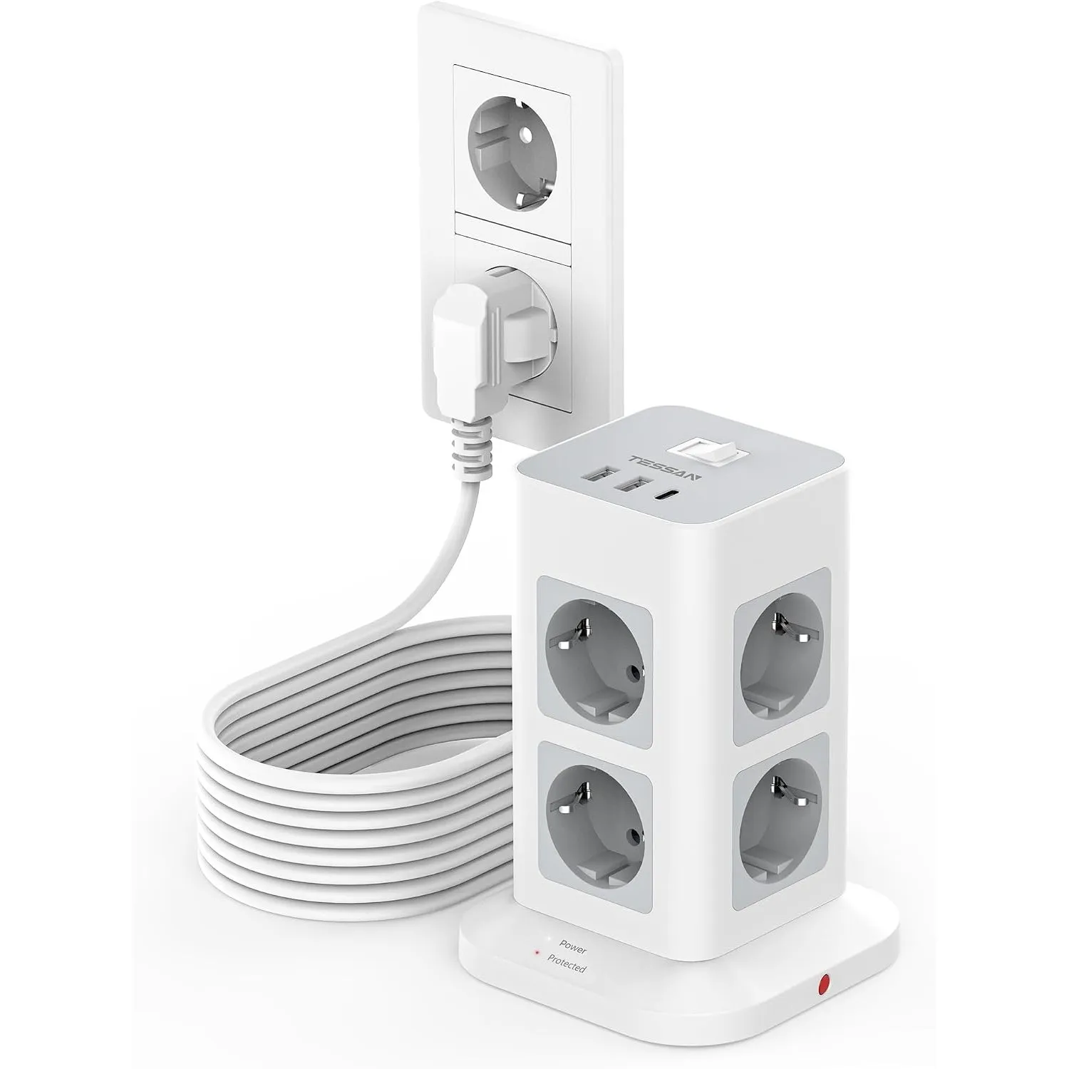 TESSAN Mehrfachsteckdose mit USB C, Verlängerungskabel 10 Meter, Grau